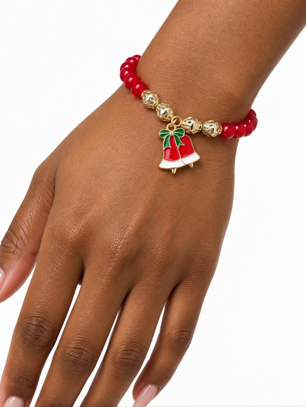 red beaded christmas bracelet bell
